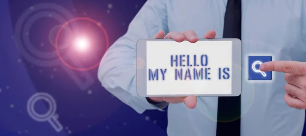 Sign Displaying Hello Name Isintroducing Yourself New People Workers Presentation — Φωτογραφία Αρχείου