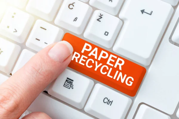 Πινακίδα Κειμένου Που Δείχνει Ανακύκλωση Χαρτιούχρησιμοποιώντας Χαρτιά Αποβλήτων Ένα Νέο — Φωτογραφία Αρχείου