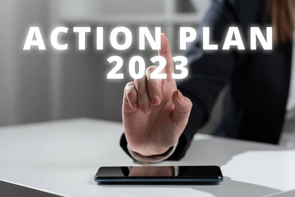 Σημάδι Κειμένων Που Δείχνει Σχέδιο Δράσης 2023 Για Κάνει Τον — Φωτογραφία Αρχείου