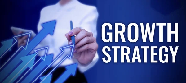 Handskrift Tecken Tillväxtstrategistrategi Som Syftar Till Att Vinna Större Marknadsandel — Stockfoto