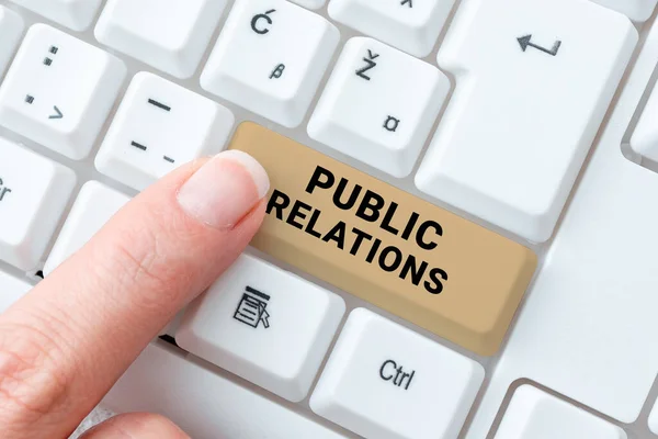 Podpis Tekstowy Przedstawiający Public Relationspractice Zarządzający Rozpowszechnianiem Informacji Pomiędzy Osobami — Zdjęcie stockowe