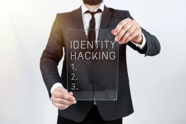 Mão Escrita Sinal Identidade Hackingcriminal Que Roubam Suas Informações Pessoais — Fotografia de Stock