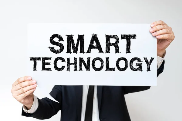 Hand Writing Sign Smart Technologygadgets Device Has Built Computer Chip — Stock Photo, Image