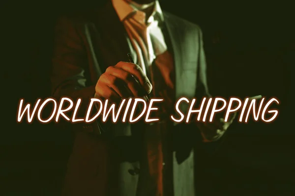 世界的な出荷を示すテキスト記号商品の海上貨物配達国際出荷 ビジネス概要商品の海上貨物配達国際出荷 — ストック写真