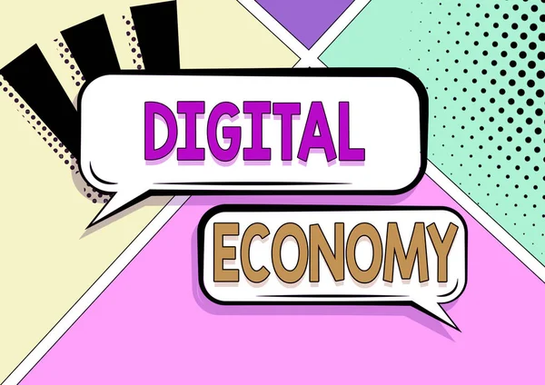 显示数字经济的文字符号世界范围内的经济活动和技术网络概念世界范围内的经济活动和技术网络 — 图库照片