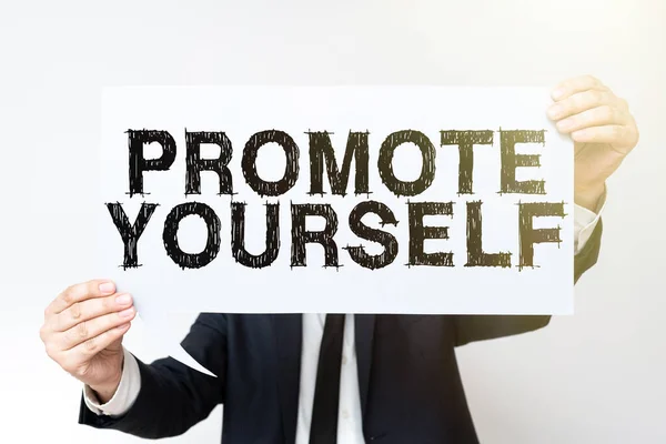 Inspiration Showing Sign Promote Yourselfmarket Introduce Others Improvement Encourage Word — Stock Photo, Image