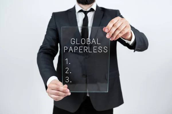 Sign displaying Global Paperlessgoing for technology methods like email instead of paper, Business showcase going for technology methods like email instead of paper