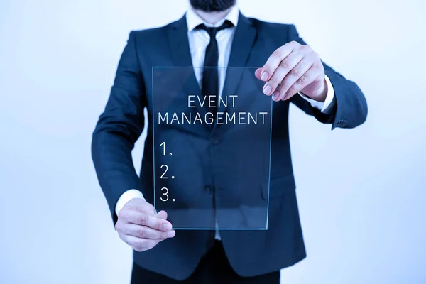 Handschrifttekst Event Managementcreatie Ontwikkeling Van Grootschalige Acties Festivals Business Overview — Stockfoto