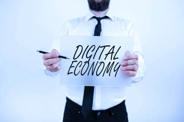 Conceptual display Digital Economyworldwide network of economic activities and technologies, Business showcase worldwide network of economic activities and technologies