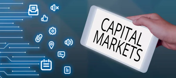 Text sign showing Capital MarketsAllow businesses to raise funds by providing market security, Concept meaning Allow businesses to raise funds by providing market security