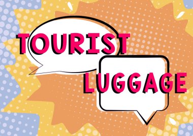 Seyahat için gerekli her şeyi içeren Turist bavulu, iş vitrini seyahat için gerekli olan her şeyi içeren metin işareti.
