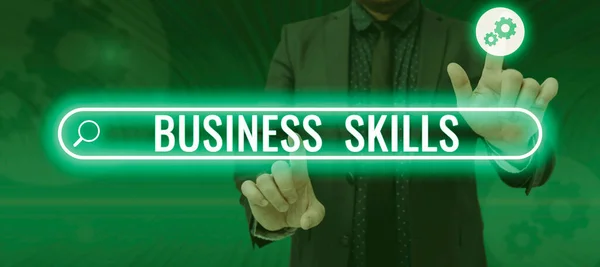 Text caption presenting Business SkillsAn ability to acquire systematic effort of job functions, Concept meaning An ability to acquire systematic effort of job functions