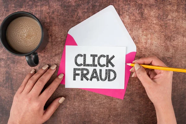 Tekstbord Met Click Fraud Business Concept Praktijk Van Herhaaldelijk Klikken — Stockfoto