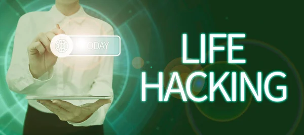 Szöveges Megjelenítés Life Hacking Üzleti Áttekintés Egyszerű Okos Technikák Megvalósítása — Stock Fotó