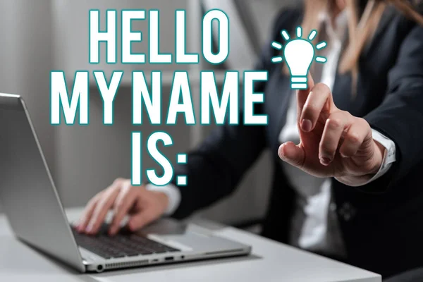 Text sign showing Hello My Name Isintroducing yourself to new people workers as Presentation, Internet Concept introducing yourself to new showing workers as Presentation