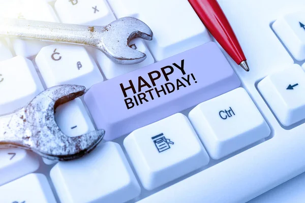 Hand Writing Sign Happy Birthdaythe Birth Anniversary Person Celebrated Presents — Stock Photo, Image