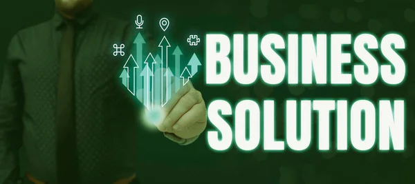 Podpis Tekstowy Przedstawiający Business Solutionservices Które Obejmują Planowanie Strategiczne Ocenę — Zdjęcie stockowe