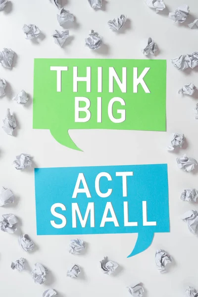 Sign displaying Think Big Act Small, Business approach Great Ambitious Goals Take Little Steps one at a time