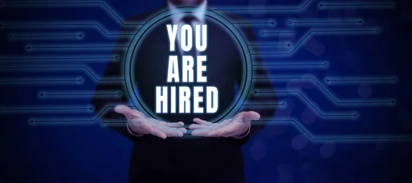 Text Bildtext Presenterar Anställd Affärsidé Rekrytering Väljs För Ett Jobb — Stockfoto