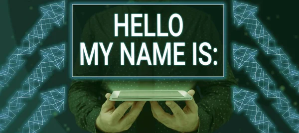 Menulis Teks Hello Name Isintroducing Diri Anda Sendiri Kepada Para — Stok Foto