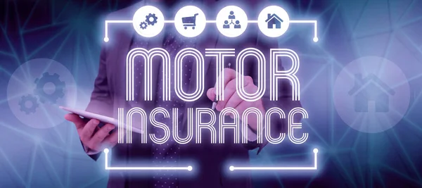 Text caption presenting Motor InsuranceProvides financial compensation to cover any injuries, Internet Concept Provides financial compensation to cover any injuries