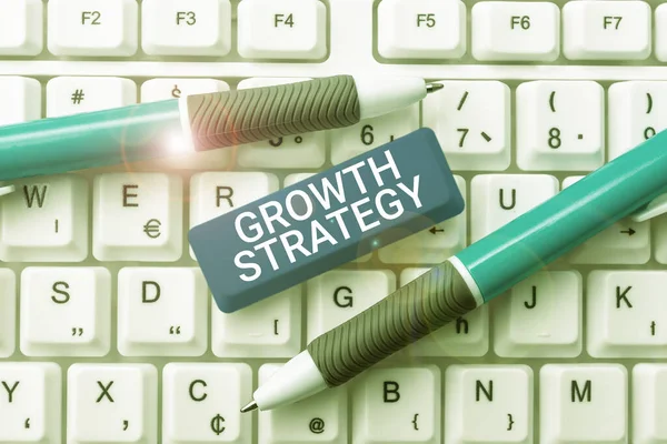 Sinal Escrita Manual Estratégia Crescimentoestratégia Destinada Ganhar Maior Participação Mercado — Fotografia de Stock