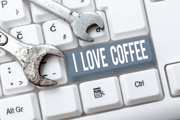 Yazısı Kahveyi Seviyorum Görüşü Kafein Bağımlılığı Ile Sıcak Içecekleri Seviyorum — Stok fotoğraf