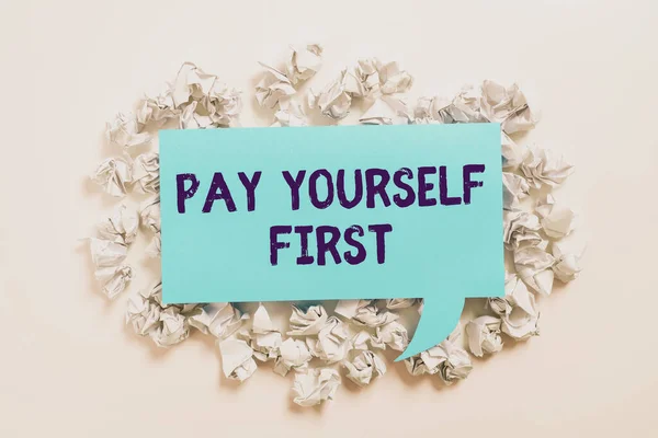 Szöveg Felirat Bemutató Pay You First Business Showcase Megtakarítás Jövőre — Stock Fotó