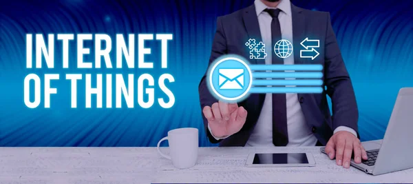 Texto Que Mostra Inspiração Internet Thingsconnection Devices Net Send Receive — Fotografia de Stock
