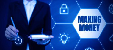 Para, kavramsal fotoğraf kazanma, para kazanma ve maddi destek sağlama fırsatını gösteren metin işareti