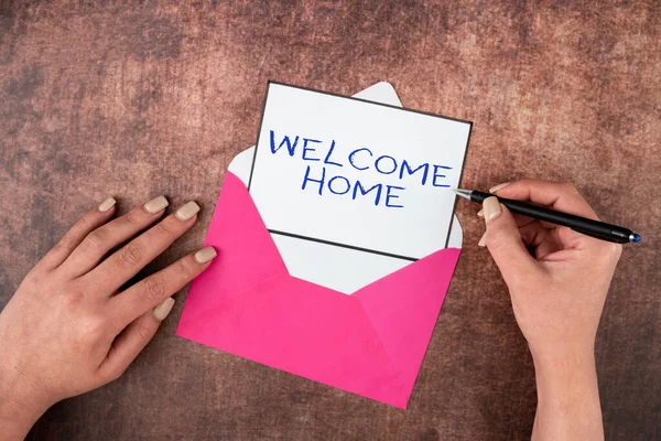 Tanda Tulisan Tangan Welcome Home Pendekatan Bisnis Penyambutan Pemilik Baru — Stok Foto