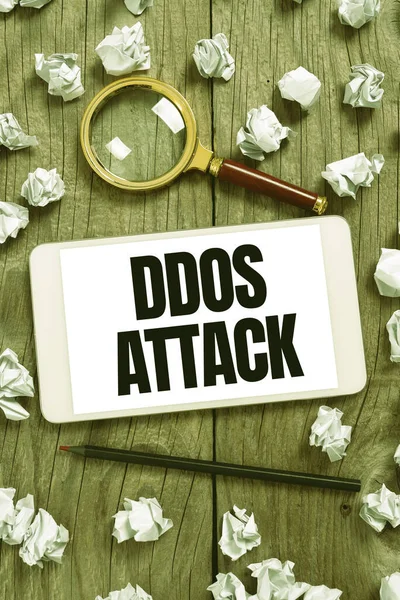 Handschrift Zeichen Ddos Attack Geschäft Schaufenster Täter Versucht Netzwerk Ressource — Stockfoto