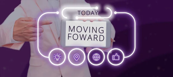 Text Sign Showing Moving Foward Business Overview Point Move Going — Stock Photo, Image