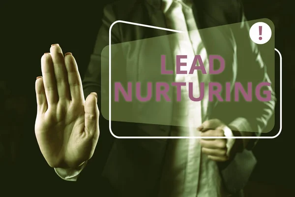 Inspiração Mostrando Sinal Lead Nurturing Método Vitrine Negócios Construir Relacionamento — Fotografia de Stock