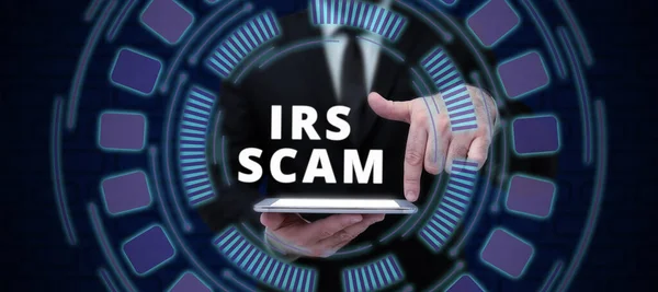 Irs Scamの表示に署名する 内部収益サービスであるふりをして納税者を対象とした事業概要 — ストック写真