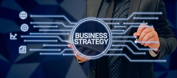 Znak Tekstowy Pokazujący Strategię Biznesowąplan Gry Zarządzania Osiągnięcia Pożądanego Celu — Zdjęcie stockowe