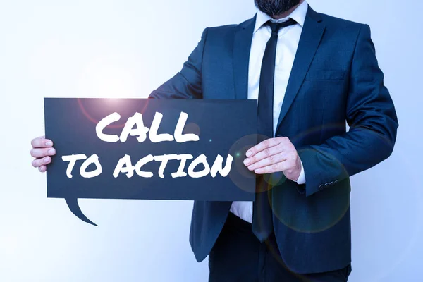 アクションへの呼び出しを示すテキスト記号 ビジネスショーケース成功戦略を進めるための意思決定の動きを奨励 — ストック写真