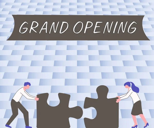 Pisanie Ręcznie Znak Grand Opening Business Showcase Przecinanie Wstęgi New — Zdjęcie stockowe