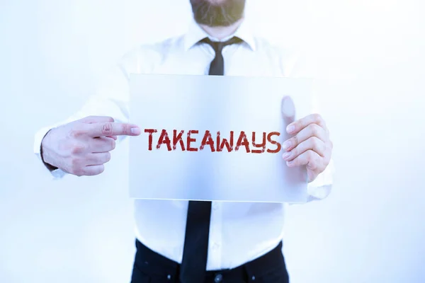 Text Sign Showing Takeaways Business Idea Act Instance Giving Something — Stock Photo, Image