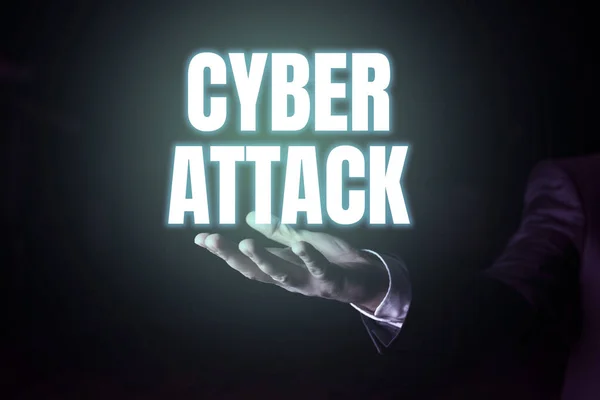 Inspiração Mostrando Sinal Cyber Attack Word Attempt Hackers Damage Destroy — Fotografia de Stock