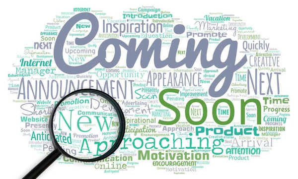 Big word cloud with words coming soon with magnifying glass.