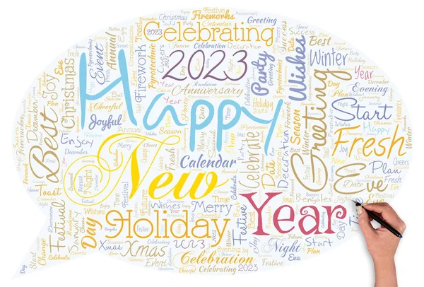 Big word cloud with words Happy New Year 2023 with hand and pen.