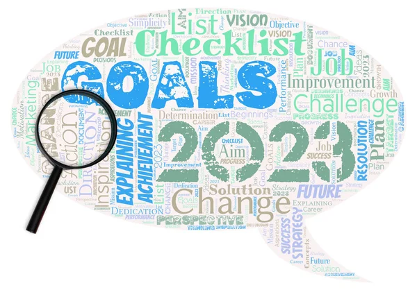 Word cloud in the shape of chat box with zoom glass with words goals 2023.