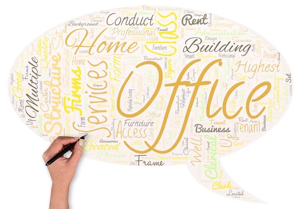 Big word cloud with hand and pen with words home office.