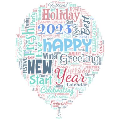 Balon şeklinde büyük bir kelime bulutu. Mutlu yıllar 2023..