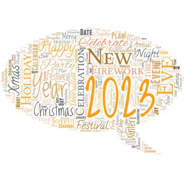 Konuşma balonu şeklinde kelime bulutu Mutlu yıllar 2023.