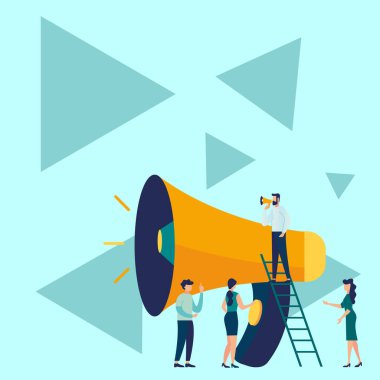 İnsanlar megafonlarını tutarak birbirleriyle konuşurken çiziyorlar..