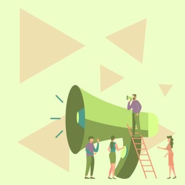 İnsanlar megafonlarını tutarak birbirleriyle konuşurken çiziyorlar..