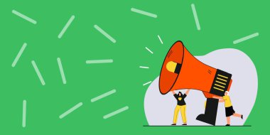 İnsanlar megafonlarını tutarak birbirleriyle konuşurken çiziyorlar..