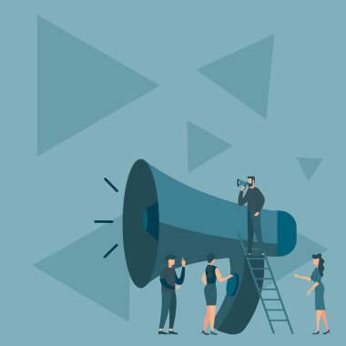 İnsanlar megafonlarını tutarak birbirleriyle konuşurken çiziyorlar..